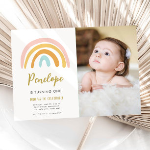 Rainbow Pastel Boho Muted Pink Girl First Birthday Kaart