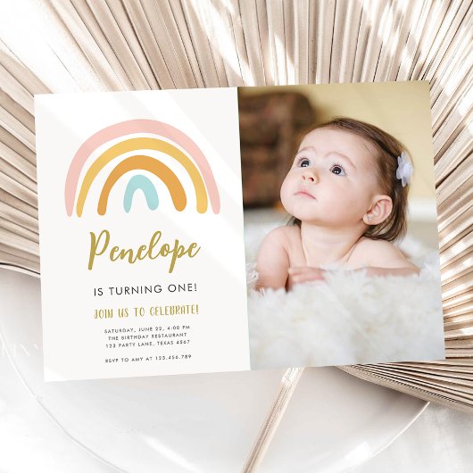 Rainbow Pastel Boho Muted Pink Girl First Birthday Kaart