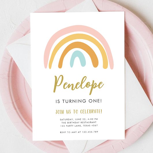 Rainbow Pastel Boho Muted Pink Girl First Birthday Kaart