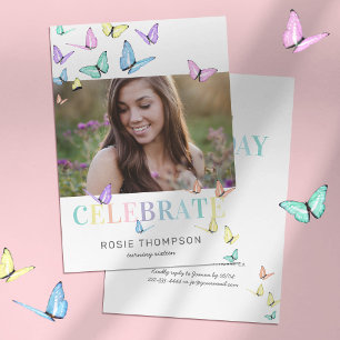 Rainbow Pastel Butterflies Foto Birthday Party Kaart