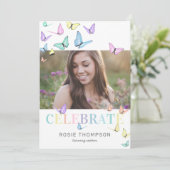 Rainbow Pastel Butterflies Foto Birthday Party Kaart (Staand voorkant)