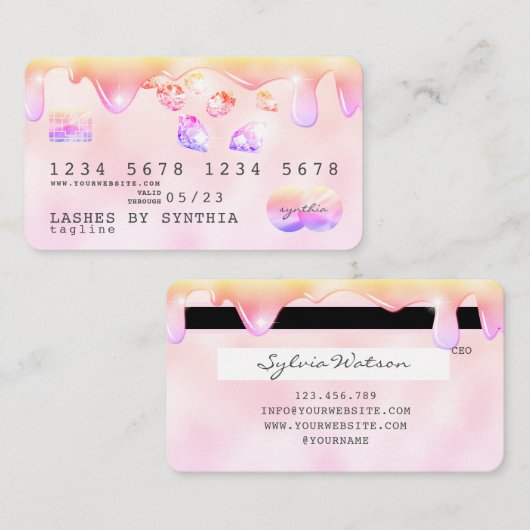 Rainbow pastel drip Credit Kaart hologram diamante Visitekaartje (Voorkant / Achterkant)