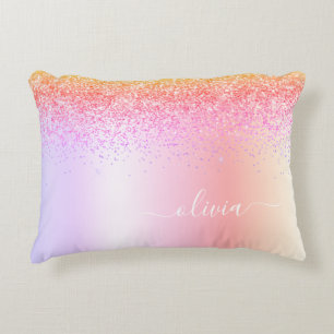 Rainbow Pastel Girly Glitter Metal Monogram Naam Accent Kussen