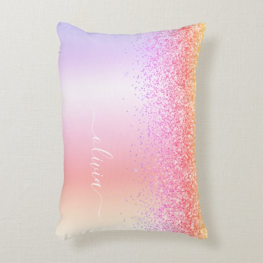 Rainbow Pastel Girly Glitter Metal Monogram Naam Accent Kussen (Voorkant(Verticaal))