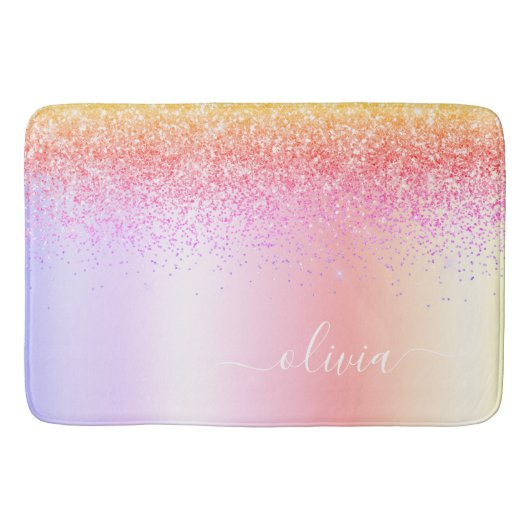 Rainbow Pastel Girly Glitter Metal Monogram Naam Badmat (Voorkant)