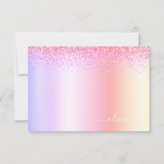 Rainbow Pastel Girly Glitter Metal Monogram Naam Bedankkaart (Voorkant)