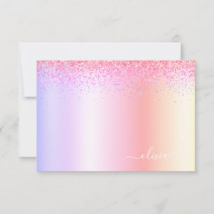 Rainbow Pastel Girly Glitter Metal Monogram Naam Bedankkaart