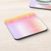 Rainbow Pastel Girly Glitter Metal Monogram Naam Bier Onderzetter (Linkerzijde)