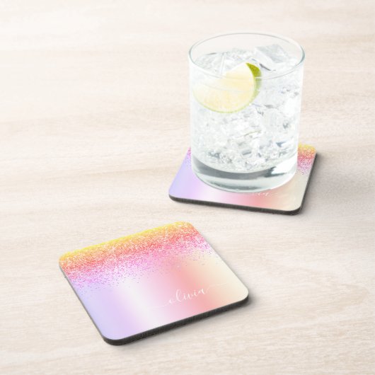 Rainbow Pastel Girly Glitter Metal Monogram Naam Bier Onderzetter (Rechterzijde)