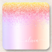 Rainbow Pastel Girly Glitter Metal Monogram Naam Bier Onderzetter (Voorkant)