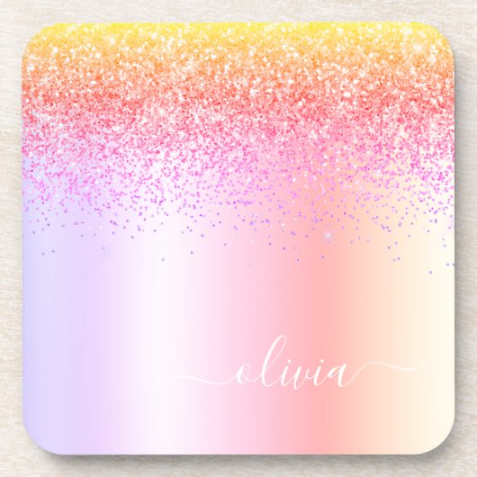Rainbow Pastel Girly Glitter Metal Monogram Naam Bier Onderzetter (Voorkant)