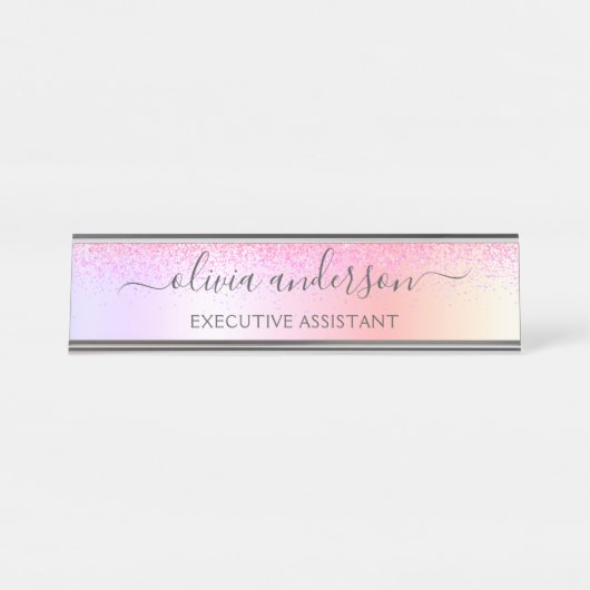 Rainbow Pastel Girly Glitter Metal Monogram Naam Bureau Naambordje (Voorkant)