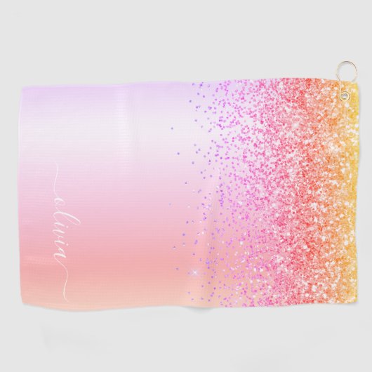 Rainbow Pastel Girly Glitter Metal Monogram Naam Golfhanddoek (Horizontaal)