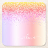 Rainbow Pastel Girly Glitter Metal Monogram Naam Kartonnen Onderzetters (Voorkant)