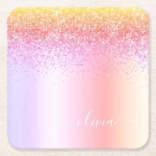 Rainbow Pastel Girly Glitter Metal Monogram Naam Kartonnen Onderzetters (Voorkant)