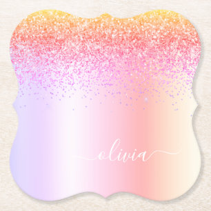 Rainbow Pastel Girly Glitter Metal Monogram Naam Kartonnen Onderzetters