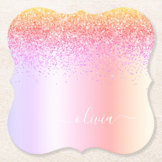 Rainbow Pastel Girly Glitter Metal Monogram Naam Kartonnen Onderzetters (Voorkant)