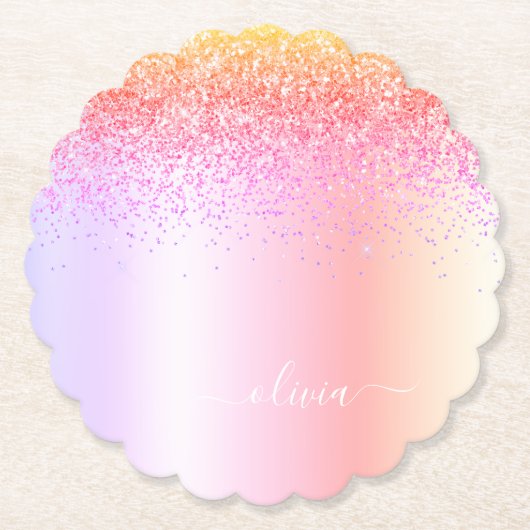 Rainbow Pastel Girly Glitter Metal Monogram Naam Kartonnen Onderzetters (Voorkant)