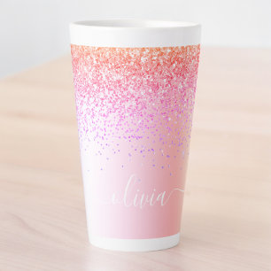 Rainbow Pastel Girly Glitter Metal Monogram Naam Latte Mok