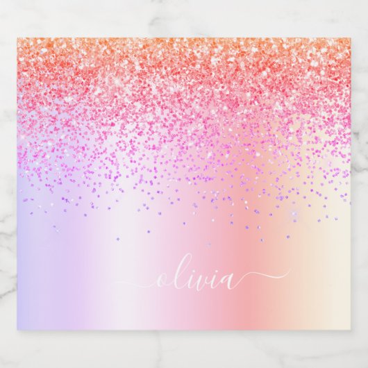Rainbow Pastel Girly Glitter Metal Monogram Naam Likeurfles Etiket (Enkel label)
