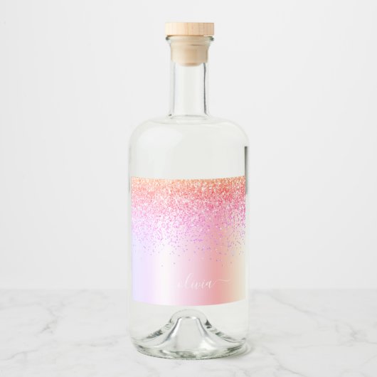 Rainbow Pastel Girly Glitter Metal Monogram Naam Likeurfles Etiket (Voorkant)