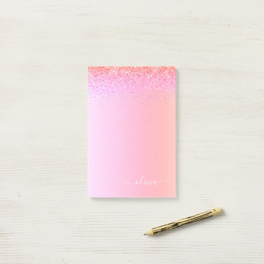 Rainbow Pastel Girly Glitter Metal Monogram Naam Post-it® Notes (Op bureau)