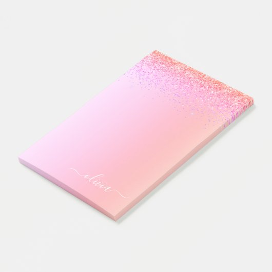 Rainbow Pastel Girly Glitter Metal Monogram Naam Post-it® Notes (Schuin)