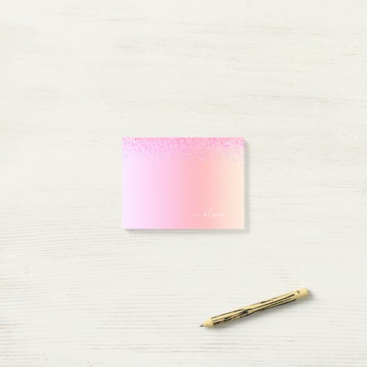 Rainbow Pastel Girly Glitter Metal Monogram Naam Post-it® Notes (Op bureau)