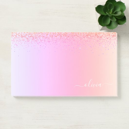 Rainbow Pastel Girly Glitter Metal Monogram Naam Post-it® Notes (Kantoor)