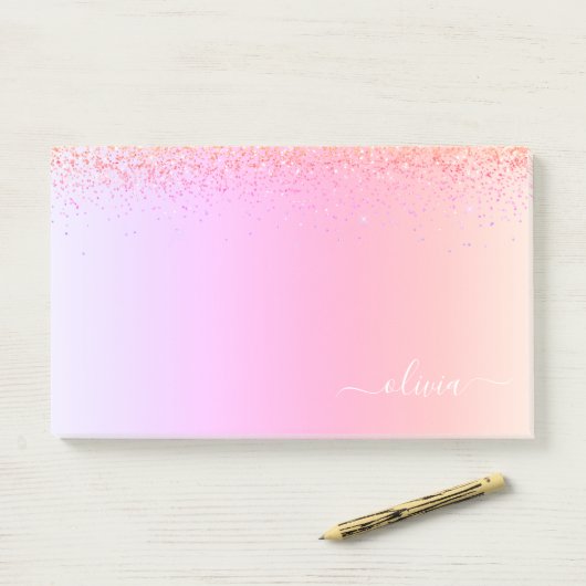 Rainbow Pastel Girly Glitter Metal Monogram Naam Post-it® Notes (Op bureau)