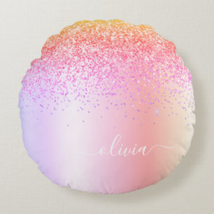 Rainbow Pastel Girly Glitter Metal Monogram Naam Rond Kussen