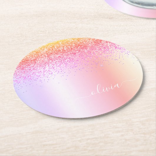 Rainbow Pastel Girly Glitter Metal Monogram Naam Ronde Kartonnen Onderzetter (Gebogen)