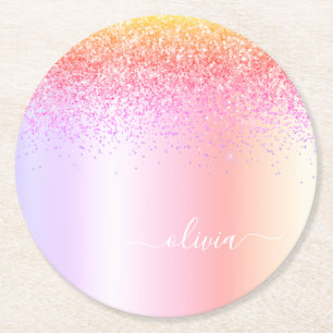 Rainbow Pastel Girly Glitter Metal Monogram Naam Ronde Kartonnen Onderzetter