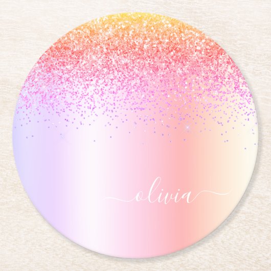 Rainbow Pastel Girly Glitter Metal Monogram Naam Ronde Kartonnen Onderzetter (Voorkant)