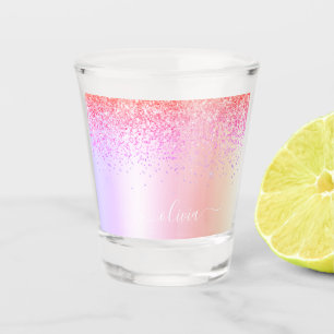 Rainbow Pastel Girly Glitter Metal Monogram Naam Shot Glas