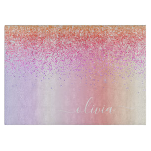 Rainbow Pastel Girly Glitter Metal Monogram Naam Snijplank