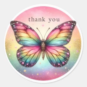 Rainbow Pastel Glitter Butterfly - Dank u - Ronde Sticker