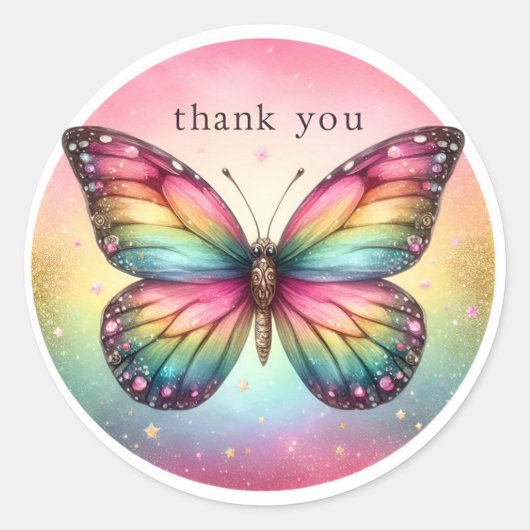 Rainbow Pastel Glitter Butterfly - Dank u - Ronde Sticker (Voorkant)