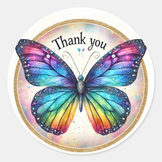 Rainbow Pastel Glitter Butterfly - Dank u - Ronde Sticker (Voorkant)