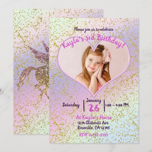 Rainbow Pastel Gold Glitter Eenhoorn Fotofeest Kaart (Voorkant / Achterkant)