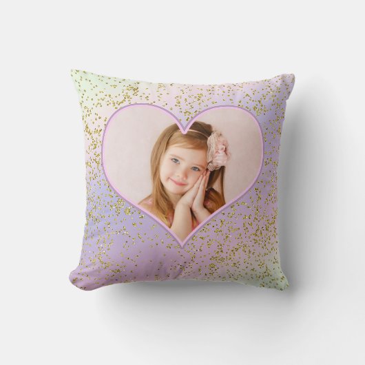 Rainbow Pastel Gold Glitter Heart Photo Afbeelding Kussen (Voorkant)