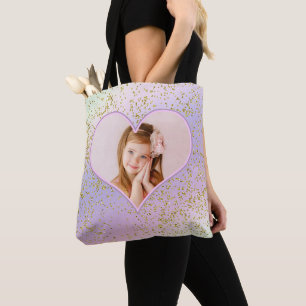 Rainbow Pastel Gold Glitter Heart Photo Afbeelding Tote Bag