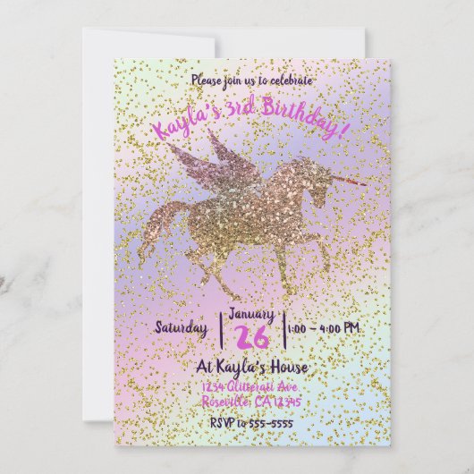 Rainbow Pastel Gold Glitter Unicorn Birthday Party Kaart (Voorkant)
