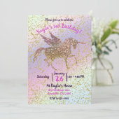 Rainbow Pastel Gold Glitter Unicorn Birthday Party Kaart (Staand voorkant)