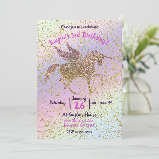 Rainbow Pastel Gold Glitter Unicorn Birthday Party Kaart (Staand voorkant)