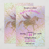 Rainbow Pastel Gold Glitter Unicorn Birthday Party Kaart (Voorkant / Achterkant)
