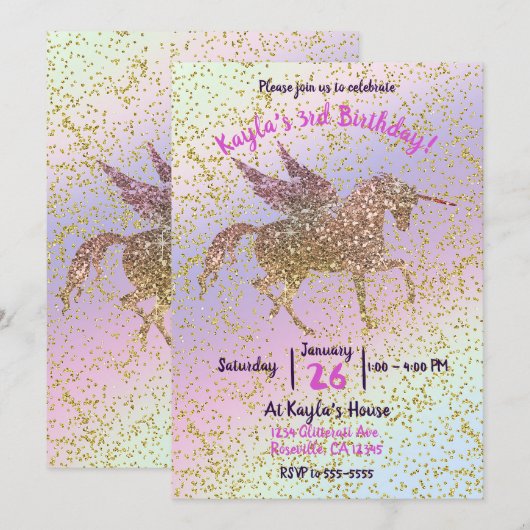 Rainbow Pastel Gold Glitter Unicorn Birthday Party Kaart (Voorkant / Achterkant)