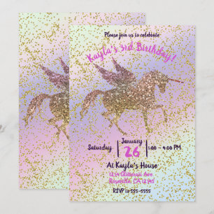 Rainbow Pastel Gold Glitter Unicorn Birthday Party Kaart