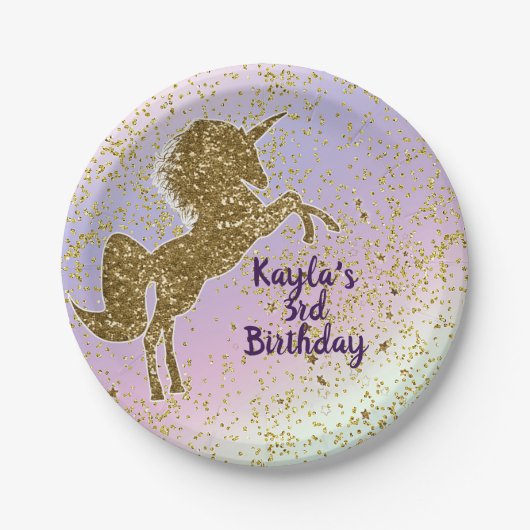Rainbow Pastel Gold Glitter Unicorn Stars Papieren Bordje (Voorkant)