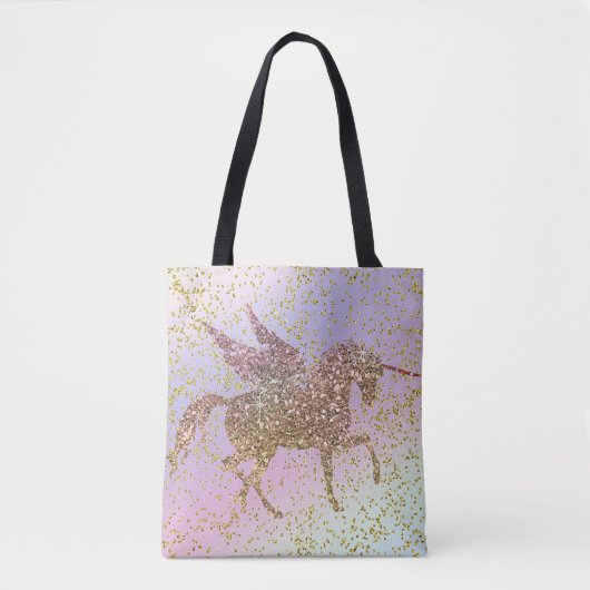 Rainbow Pastel Gold Glitter Unicorn Trendy Girls Tote Bag (Voorkant)